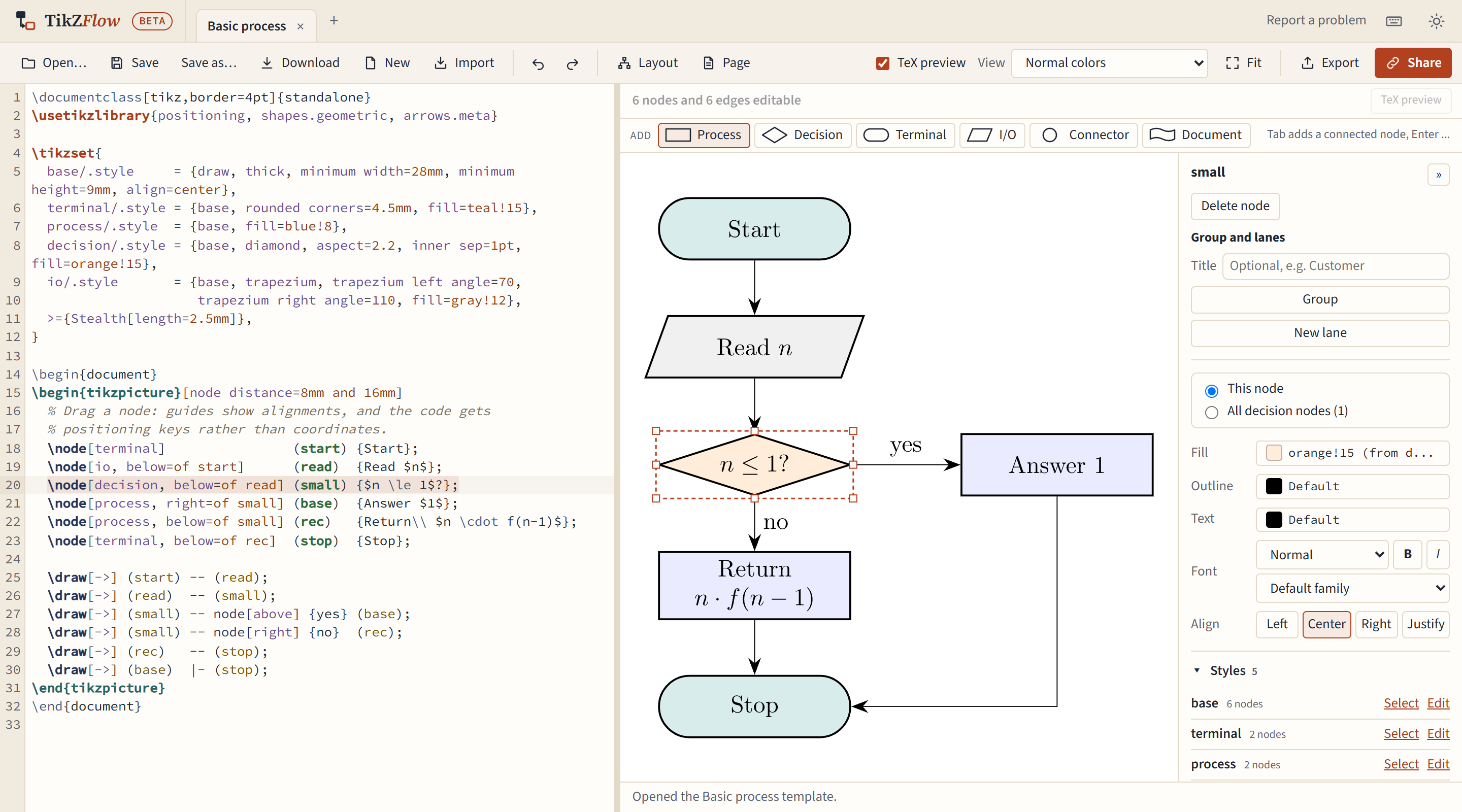 The editor: the code pane on the left, the canvas on the right, the toolbar above