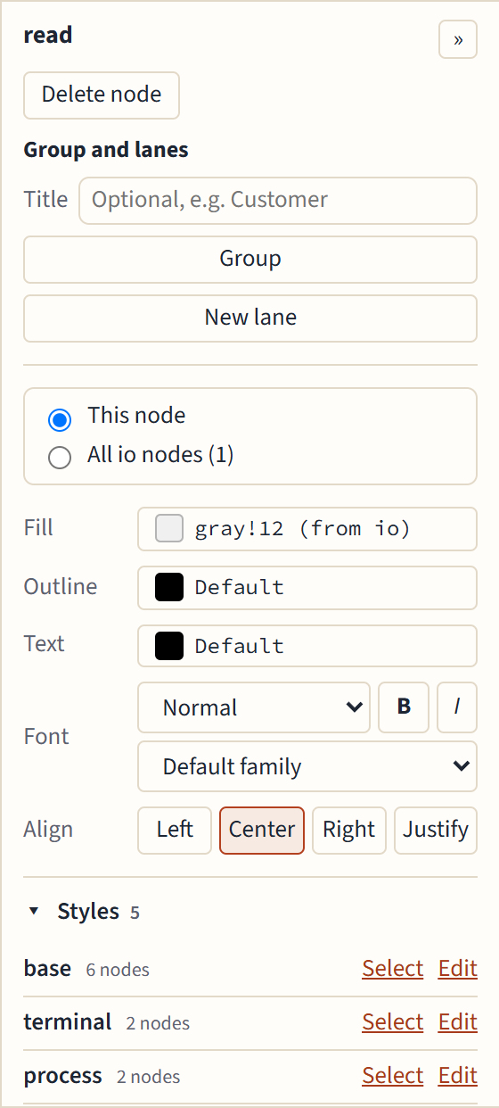 The properties panel for a selected node