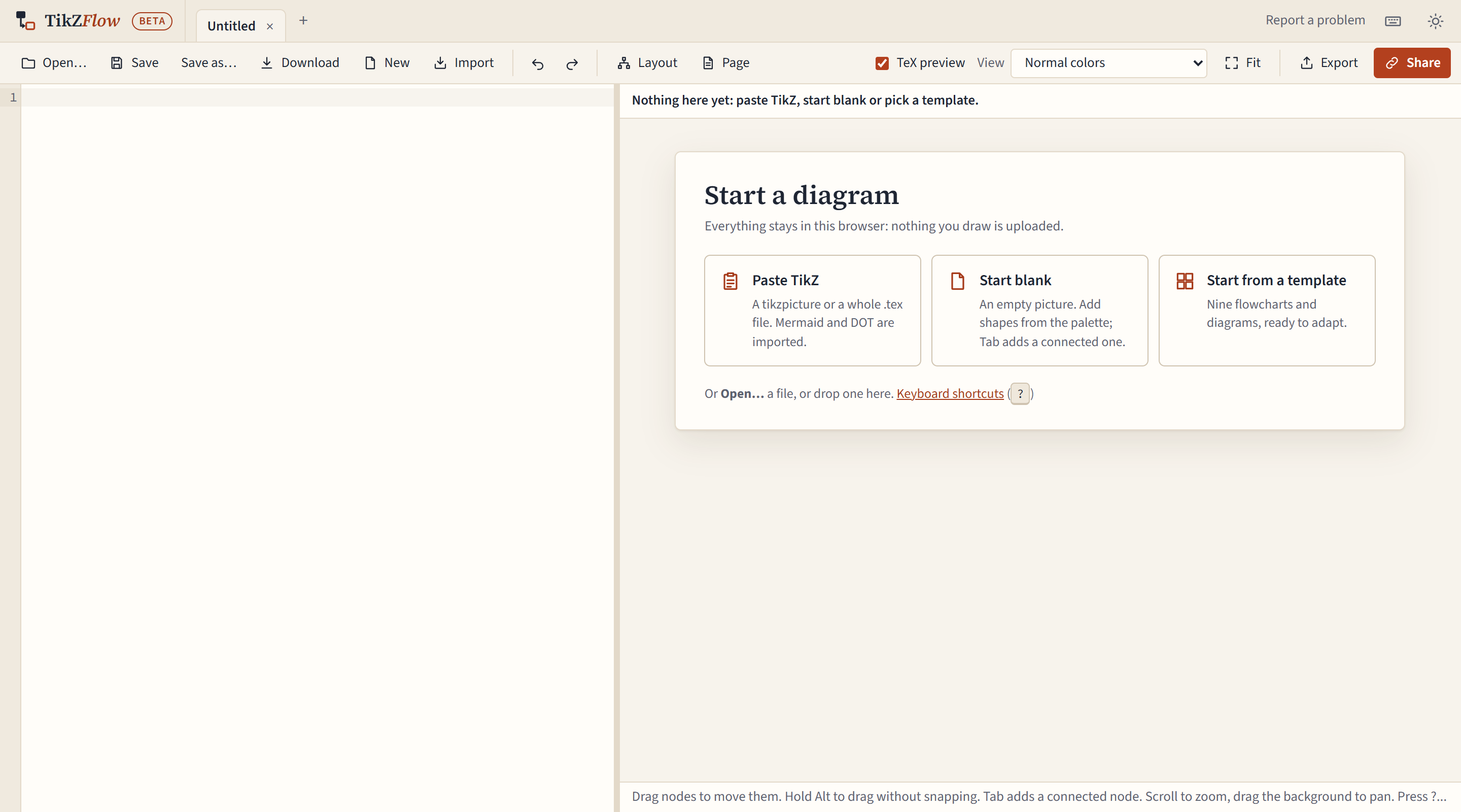 The start screen: Paste TikZ, Start blank and Start from a template